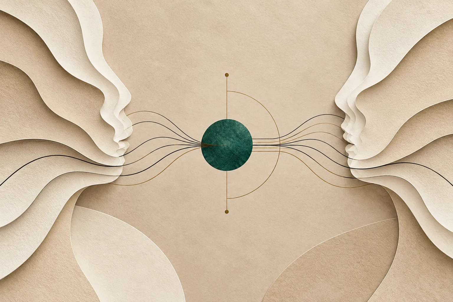 Paper sculpture of two facing profiles linked by lines through a central green sphere, representing shared learning