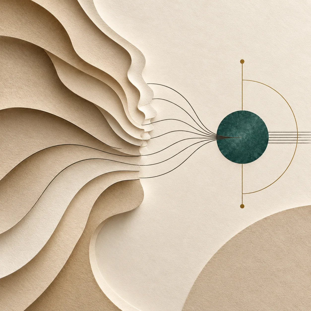 Paper sculpture of layered sand profiles with threads gathering into one green sphere, representing stored knowledge