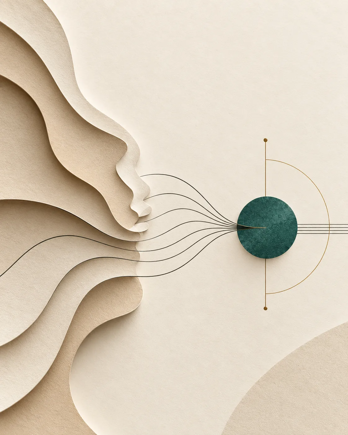 Paper sculpture of a profile speaking, with lines flowing from the mouth into a green sphere