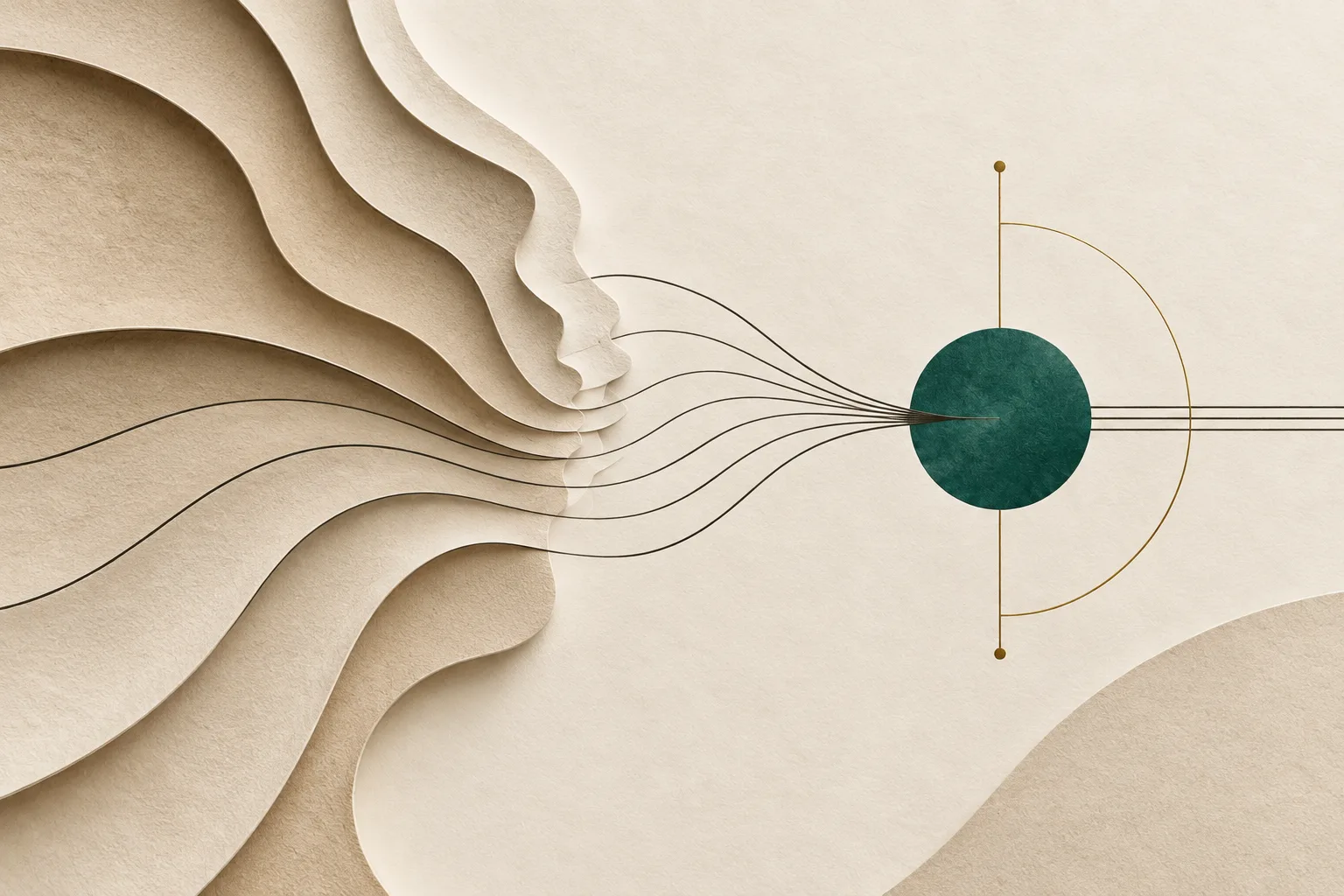 Paper sculpture of a layered profile with fine lines converging on one green sphere, representing strategic clarity