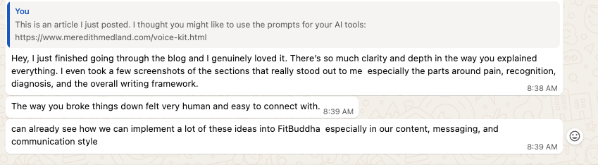 Reader message about the Voice & Output Kit, noting how the framework can be applied to FitBuddha's content, messaging, and communication style.